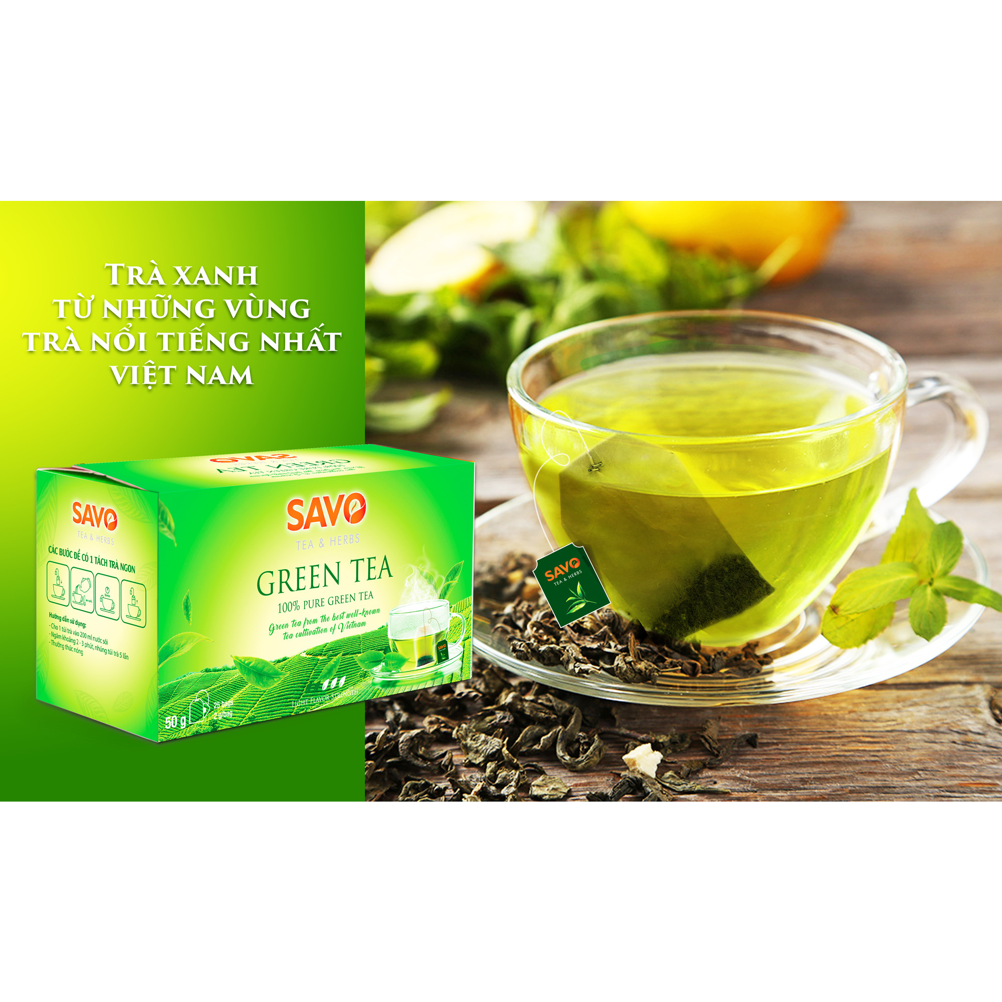 Trà Xanh SAVO Tea túi lọc (Green Tea) - Hộp 25 Gói x 2g