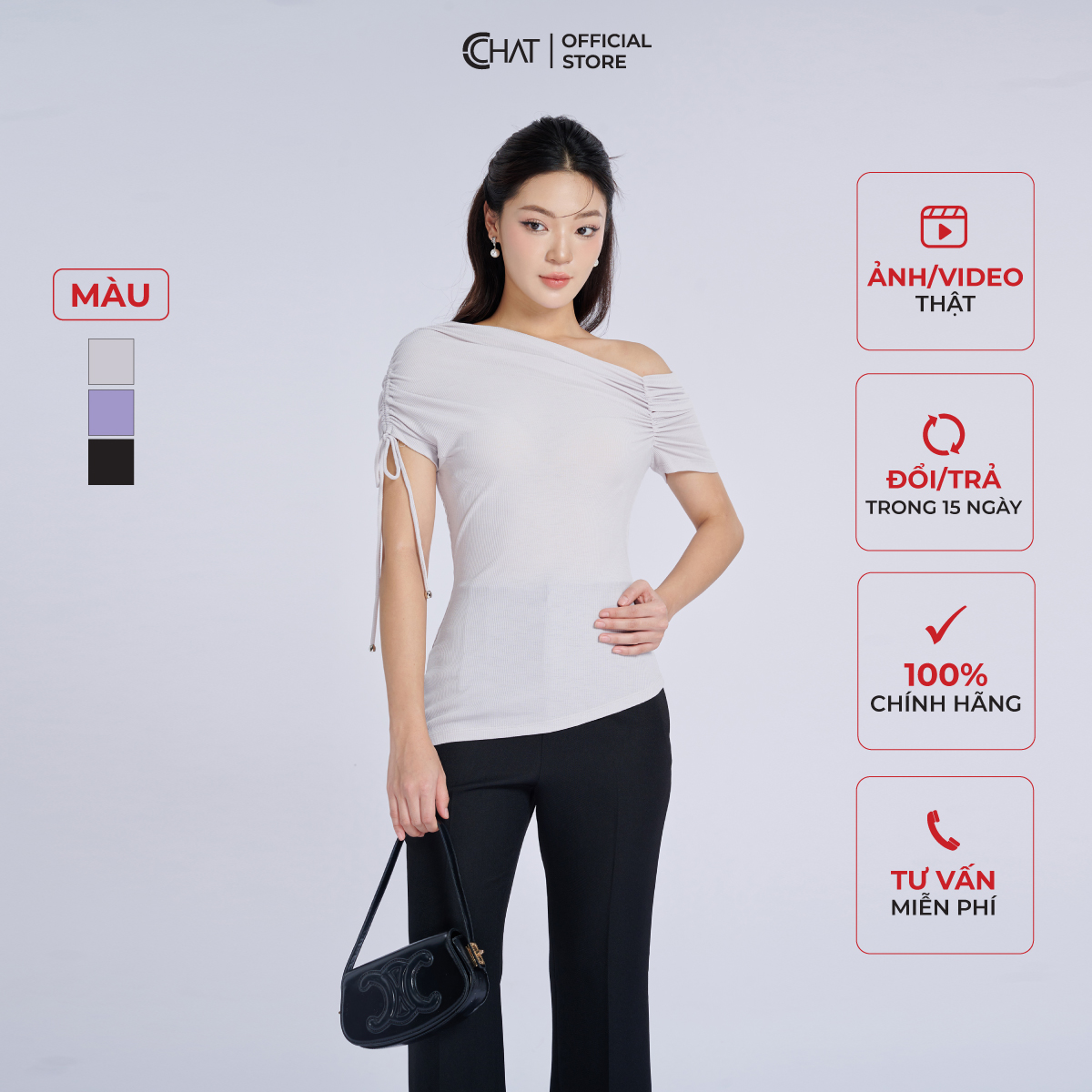 Áo Thun Dáng Ôm Nhún Lệch Vai Dây Chất Vải Mềm Mịn Co Giãn 4 Chiều 53TNC2044OT