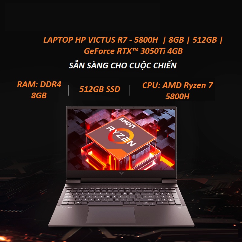 Laptop HP Victus 16-e0168AX 4R0U6PA R7-5800H | 8GB | 512GB |RTX 3050Ti 4GB | 144Hz Hàng chính hãng