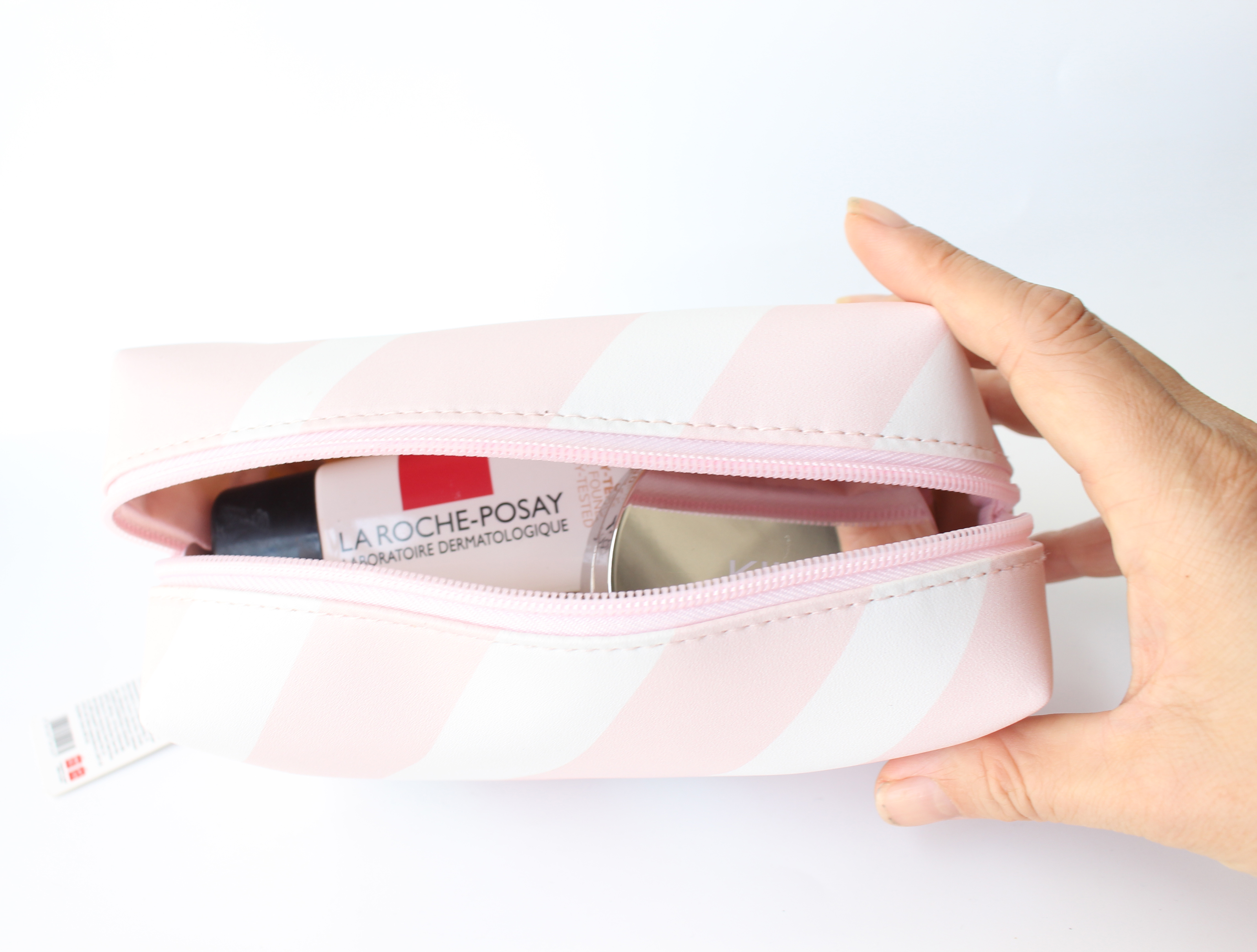 Túi đựng đồ trang điểm mỹ phẩm hình chữ nhật Miniso Striped Square Cosmetic Bag (kẻ trắng hồng), thiết kế Nhật Bản, hàng chính hãng – MNS048