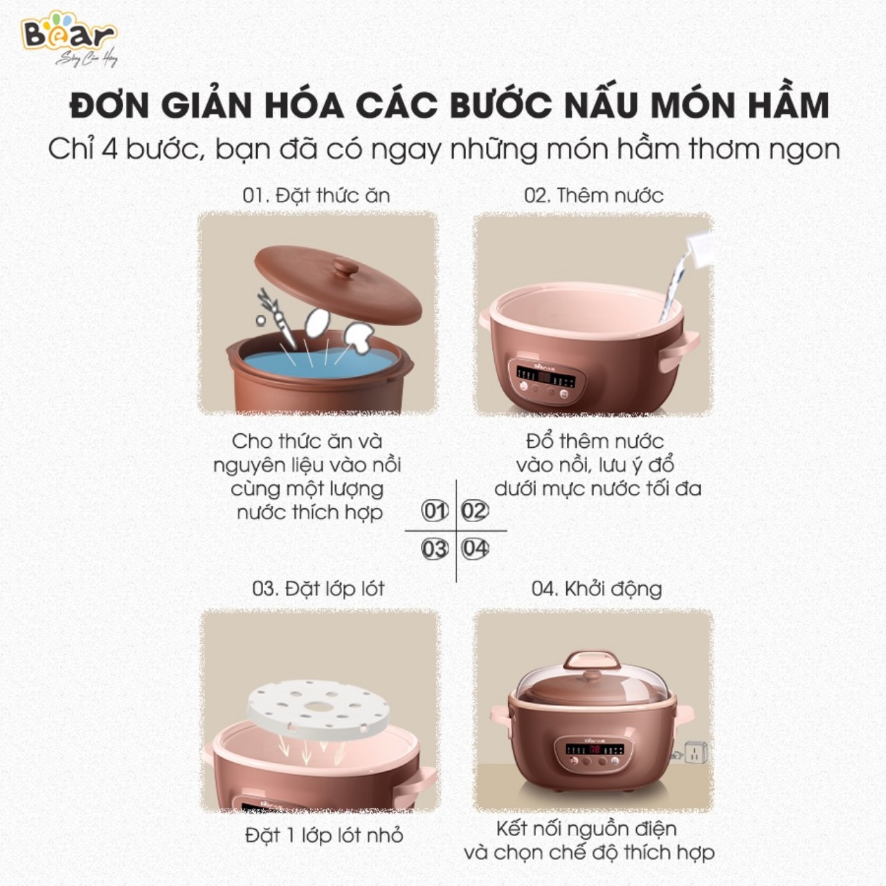 Nồi nấu chậm Bear 2.5L DDZ-C25R6 thố đất tử sa, đa năng nấu cháo - Hàng chính hãng