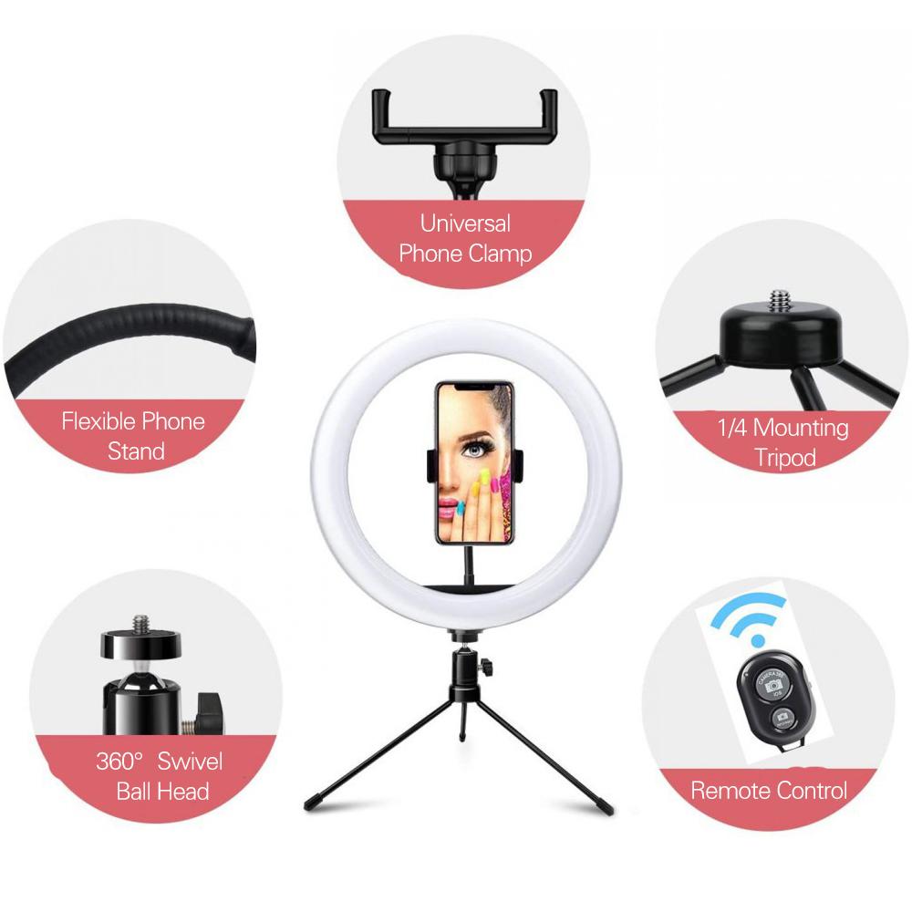 Đèn LED Ring Light 2900-6500K với giá đỡ để bàn Màn trập từ xa cho trang điểm truyền phát video 10in / 26cm Video LED Ring Light 2900-6500K