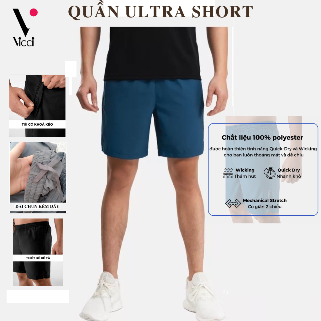 Quần short thể thao nam Vicci QS.01 chất liệu mềm nhẹ, co giãn, thoáng khí, túi có kéo khóa an toàn tiện lợi, kiểu dáng thể thao năng động