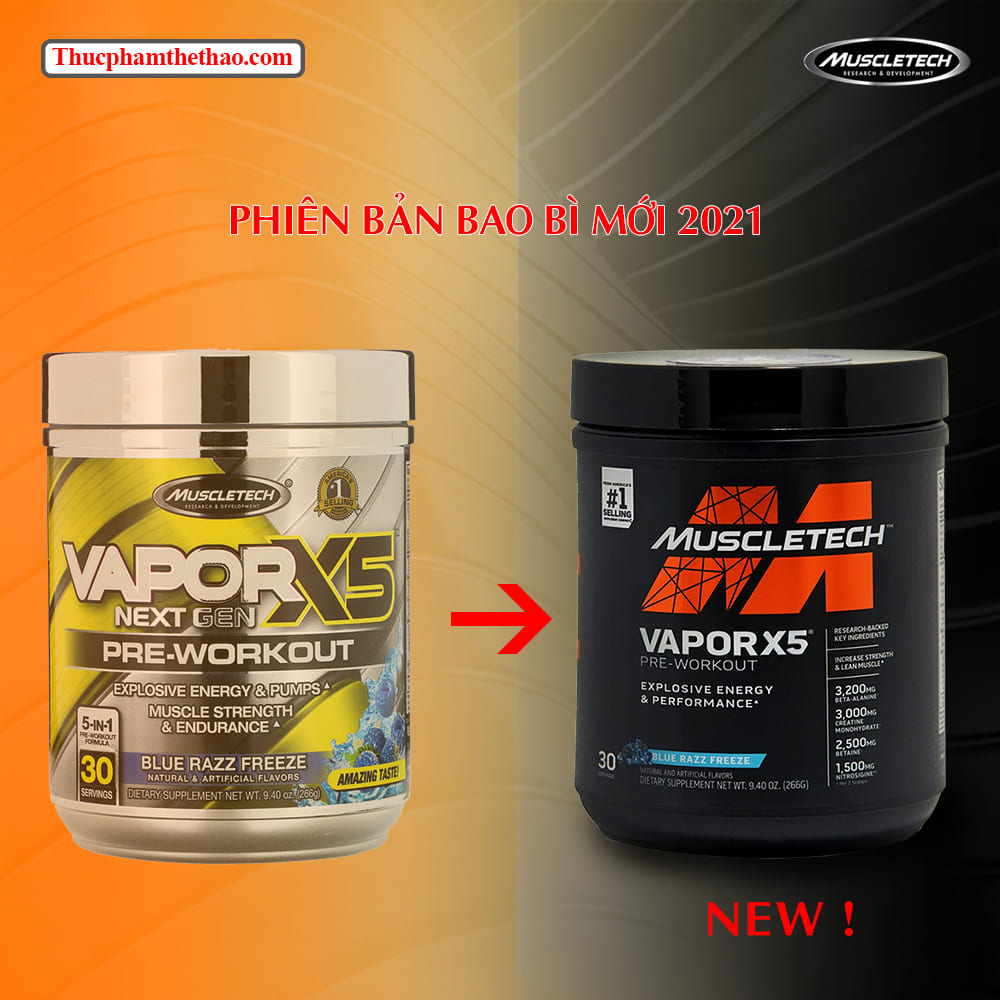 Thực phẩm bổ sung Pre-Workout Vapor X5 của MuscleTech - Nhãn đen mới mạnh mẽ - Hỗ trợ tăng sức mạnh, sức bền, tăng sự tập trung tỉnh táo cho người tập luyện thể hình và thể thao – 30 lần dùng