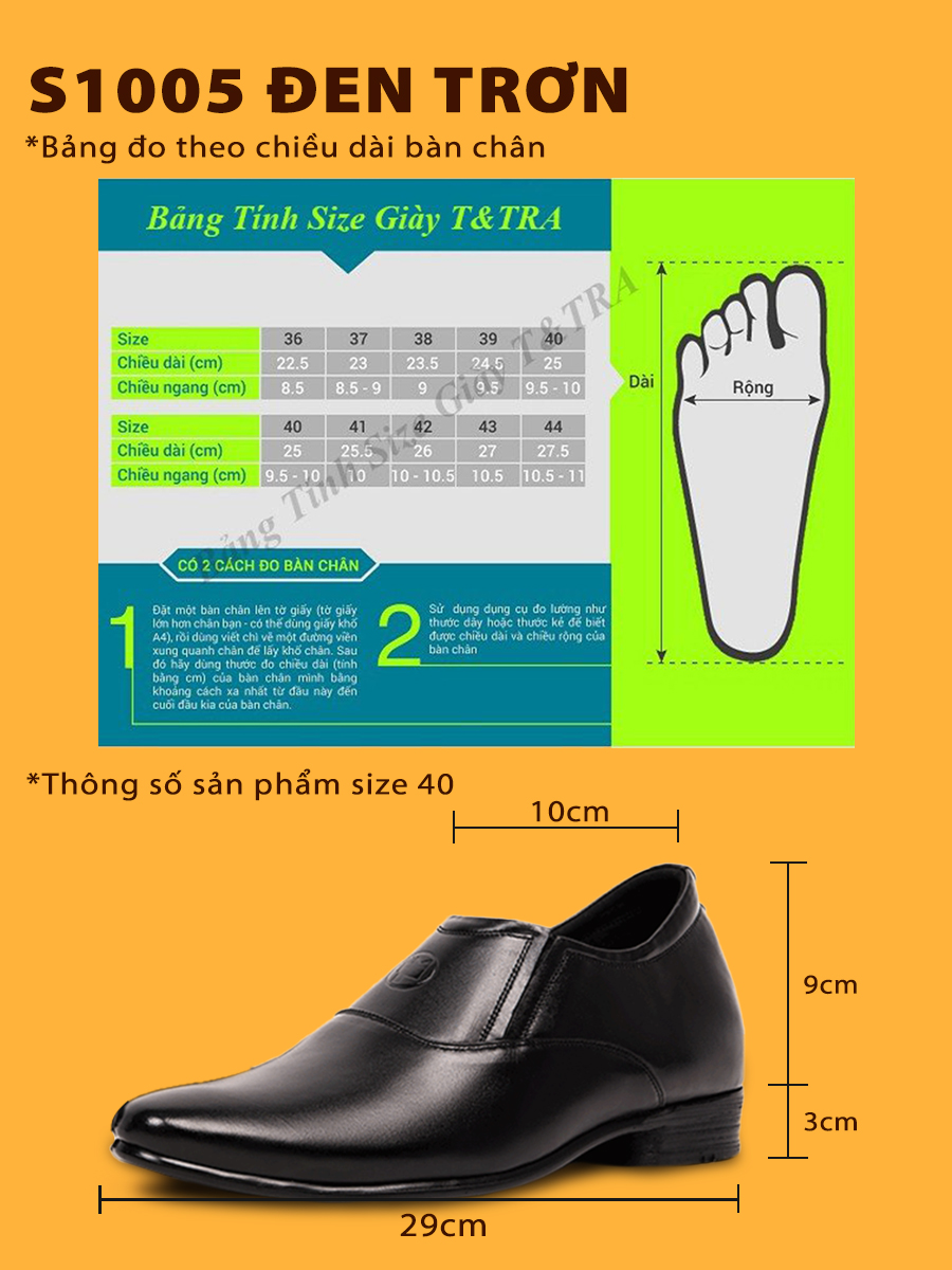 Giày Tăng Chiều Cao Nam T&TRA Tăng Cao 6Cm- S1005 Đen trơn- Chất Liệu Da Bò Cao Cấp, Đế Cao Su Ghép, Phần Tăng Cao Ẩn Bên Trong