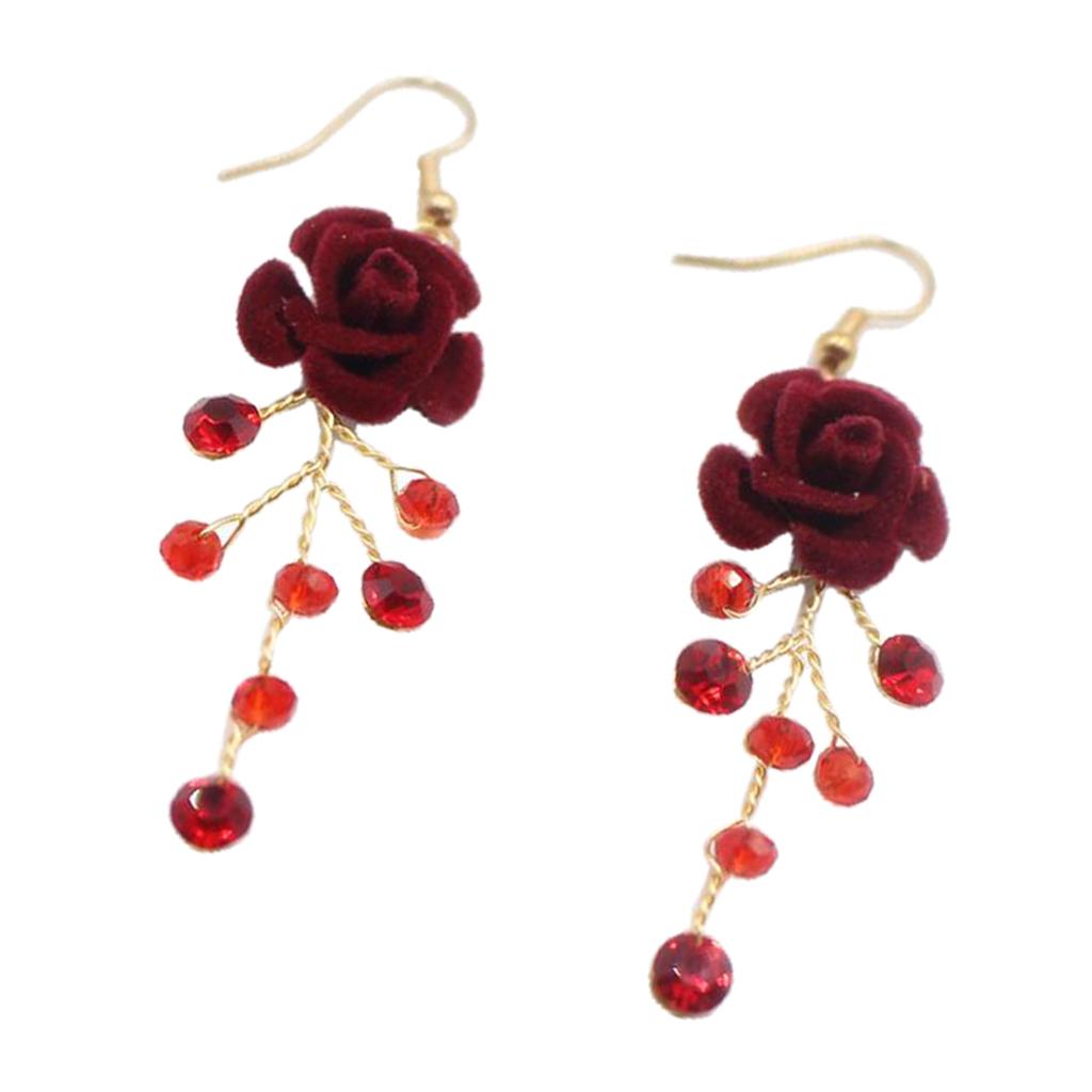 Bridal Red Crystal Drop Earrings Wedding Party Bridal Velvet Rose Earrings