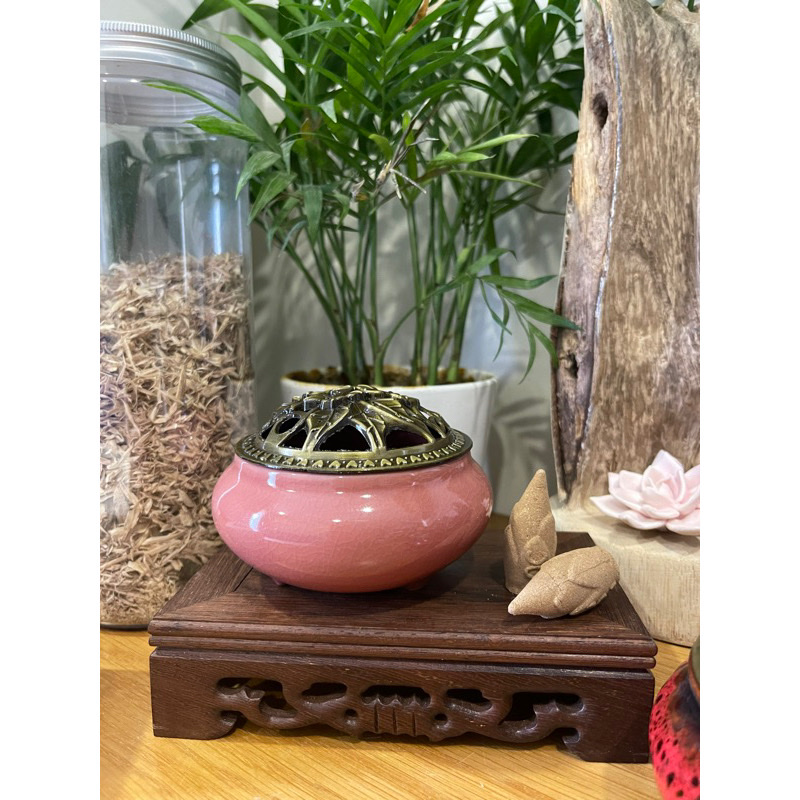 Lư Xông Nụ Trầm Hương - Đỉnh Đốt Nhang Bằng Gốm Rạn Cao Cấp, Kèm Lót Bông Đế Chống Cháy