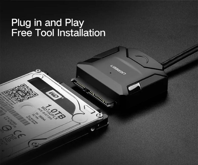 Ugreen UG20215CR108TK 25CM màu Đen Bộ chuyển đổi USB 2.0 sang SATA ổ cứng hỗ trợ nguồn - HÀNG CHÍNH HÃNG