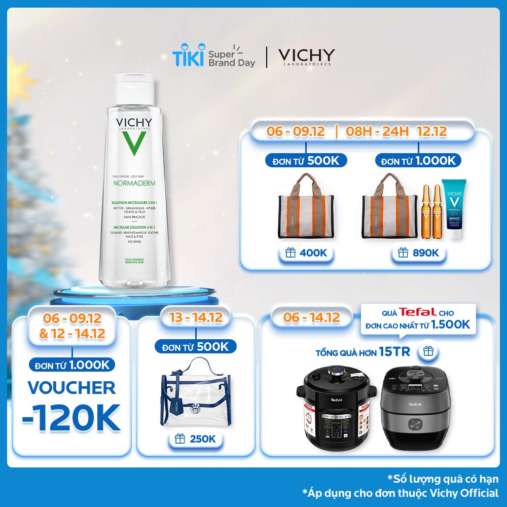 Nước Tẩy Trang Micellar 3 Trong 1 Dành Cho Da Dầu, Da Mụn Vichy Normaderm 3 In 1 Micellar Solution 200ml