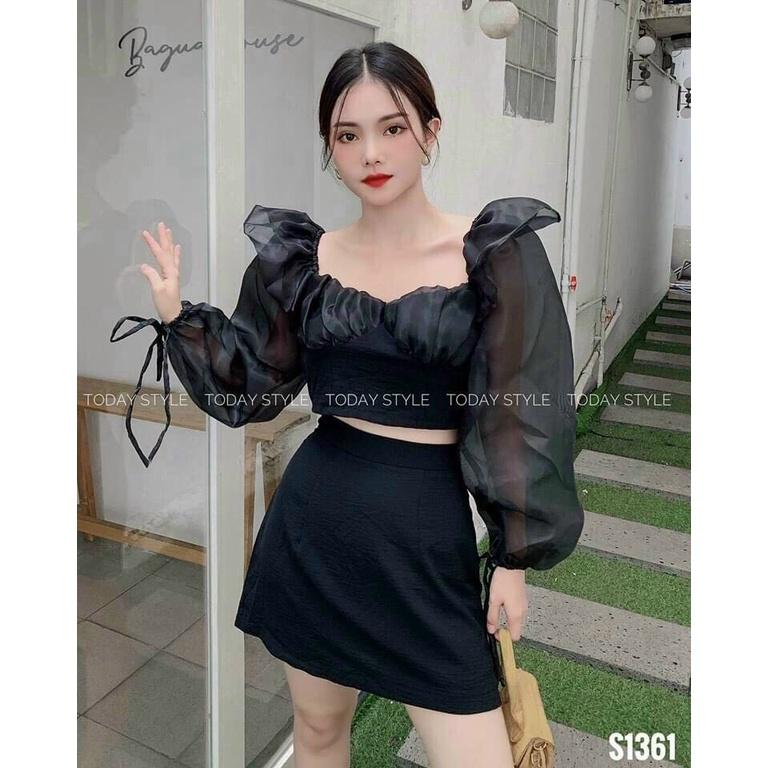 Sét Đồ Bộ Nữ Đũi Nhăn Áo Tay Phối Voan Tơ & Chân Váy