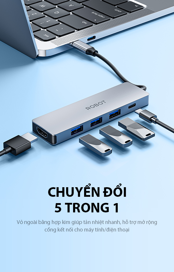Hub Type-C chuyển đổi 5 trong 1 ROBOT HT255S USB3.0 PD100W Cổng HDMI4k - HÀNG CHÍNH HÃNG