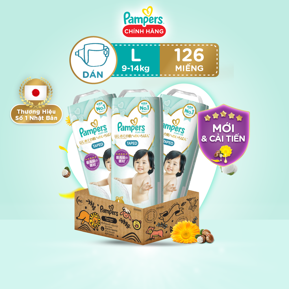 Thùng 3 Gói Tã/ Bỉm Dán PAMPERS Nhật Thượng Hạng, Size L (126 miếng, 9-14kg), Siêu Mềm Mịn & Thoáng Khí