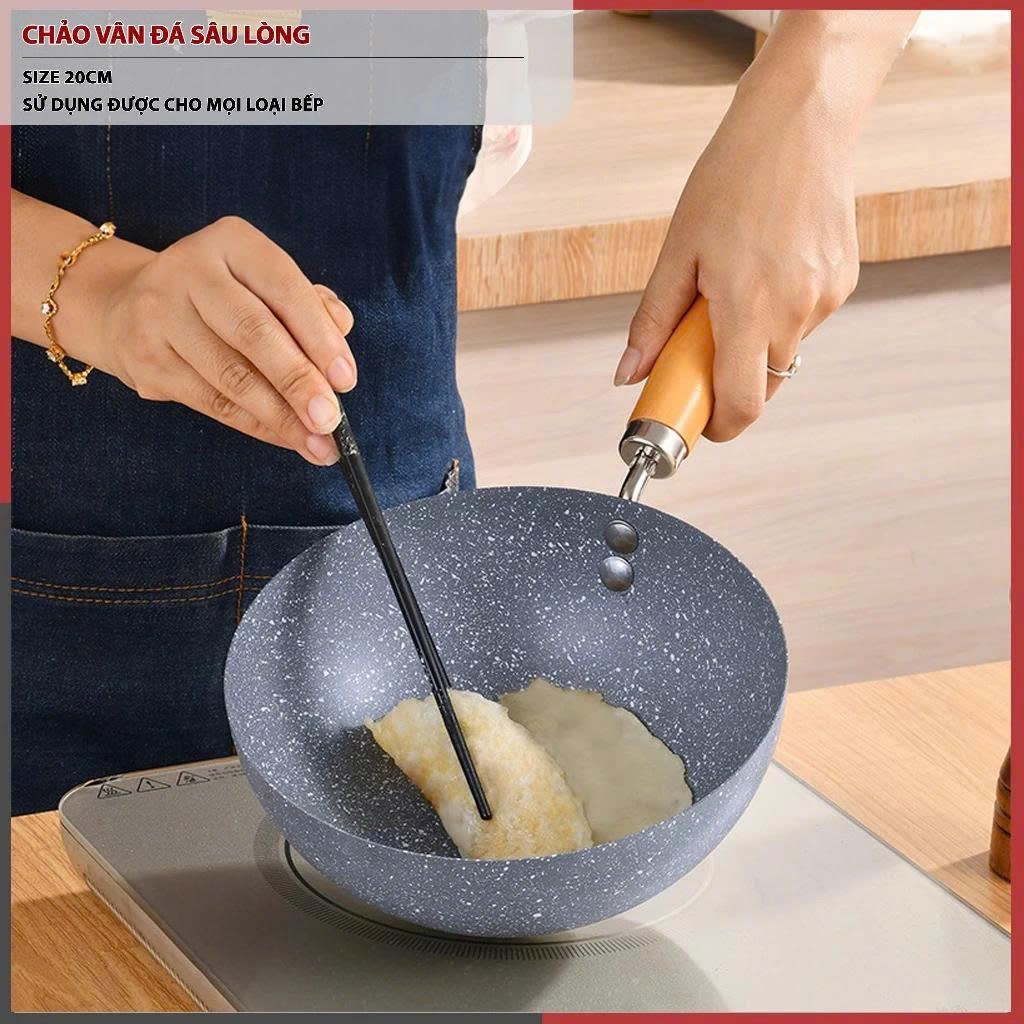 Chảo Vân Đá Sâu Lòng Chảo Ceramic Sâu lòng Size 20Cm Dùng Trên Mọi Loại Bếp Có Cán Gỗ Tiện Lợi