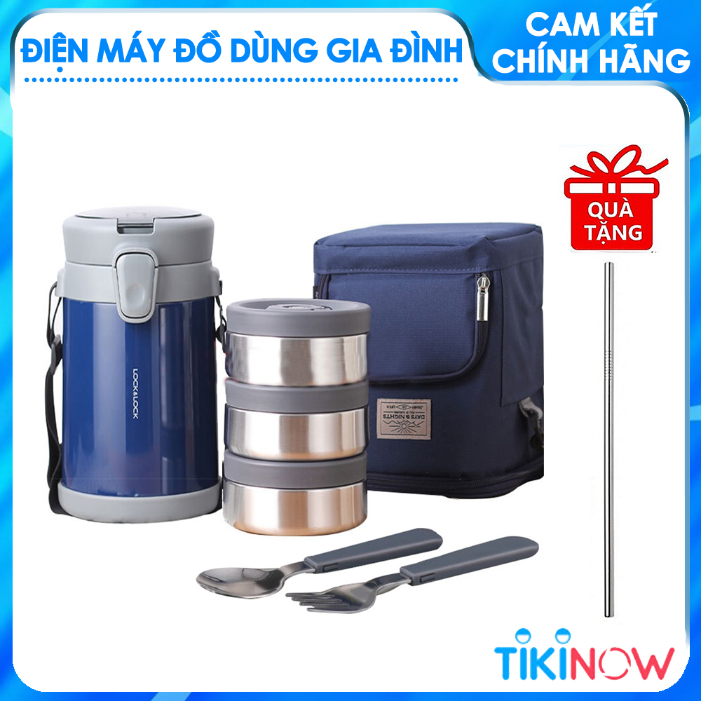 Bộ Hộp Cơm Giữ Nhiệt Lock&amp;Lock Easy Carry 2L LHC8039 Có Túi (1 Hộp 720ml, 2 Hộp 420ml Kèm 1 Bộ Muỗng Và Nĩa) Tặng kèm Ống Hút Inox 304