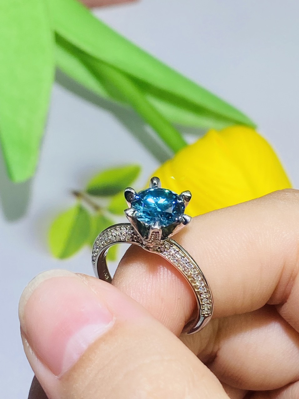 Phụ kiện đeo ngón tay Bạc 925 xi Kim viên chủ Kim Cương nhân tạo Moissanite Xanh hạt 1.5carat - R15.13