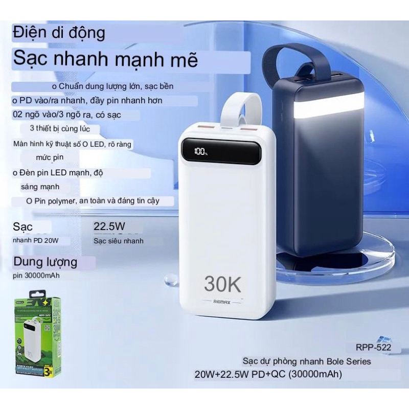 Pin Sạc Dự Phòng Sothing Remax RPP 522 30000mAh 2 Cổng USB, 1 Cổng Type-c Sạc Nhanh PD QC3.0 max 22.5W- Hàng Chính Hãng