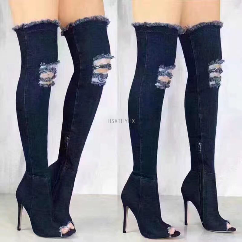 Denim Thời Trang Cao Cấp Ống Stovepipe Co Giãn Giày Nhọn Trên Đầu Gối Giày Tốt Với Nữ Cao Gót Giày thủy Triều Mùa Đông