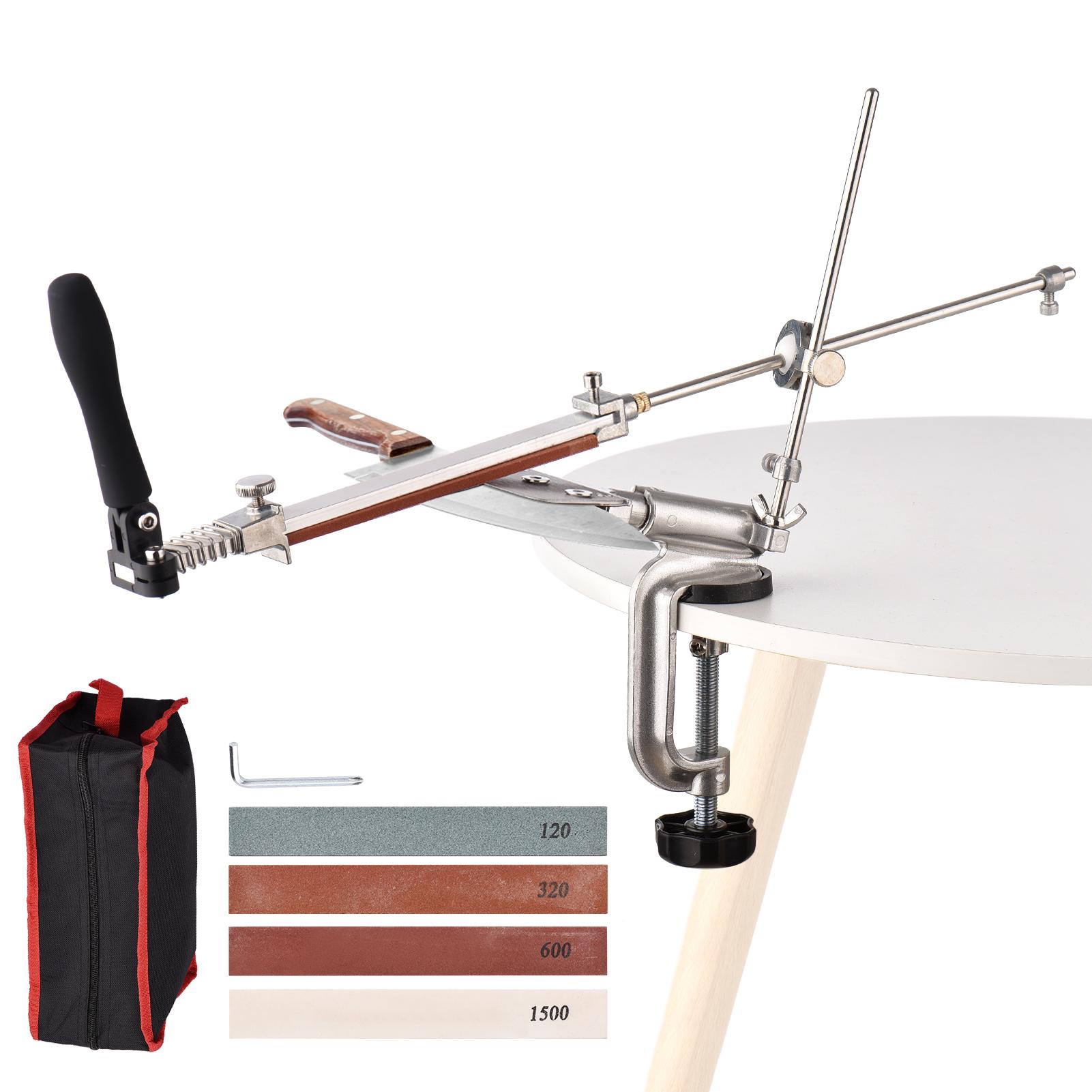 Knife Sharpener System with 4 Whetstones Desktop Clip-on Knife Sharpener Kit, 360-degree Rotation Fixed Angle Alloy Manual Knife Sharpener 180-degree Flipped Clip, Easy to Assemble and Store