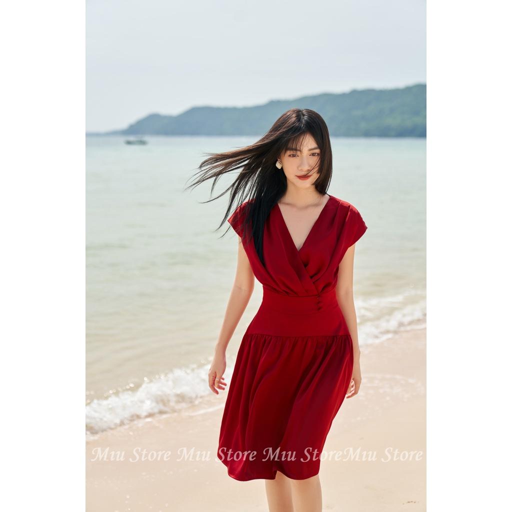 D00574 - Đầm thiết kế cao cấp lụa đỏ tay chờm Miu Store