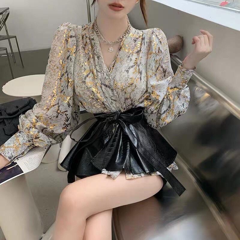 Áo Kiểu Nữ Vạt Chéo Phong Cách Kimono Vải Voan Nhũ Hoạ Tiết Rắn Cực Sang Cá Tính