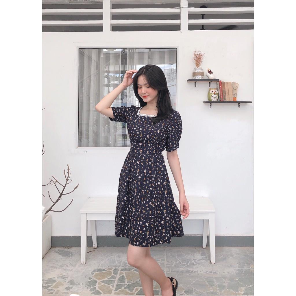 ĐẦM HOA NHÍ XANH ĐẬM CỔ VUÔNG DÁNG XÒE TAY NGẮN-hình thật shop chụp