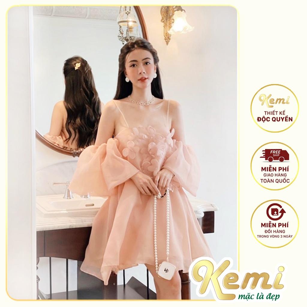 Váy 2 dây tơ hồng đính hoa tay phồng rớt vai dáng tiểu thư 3 màu hồng đen trắng