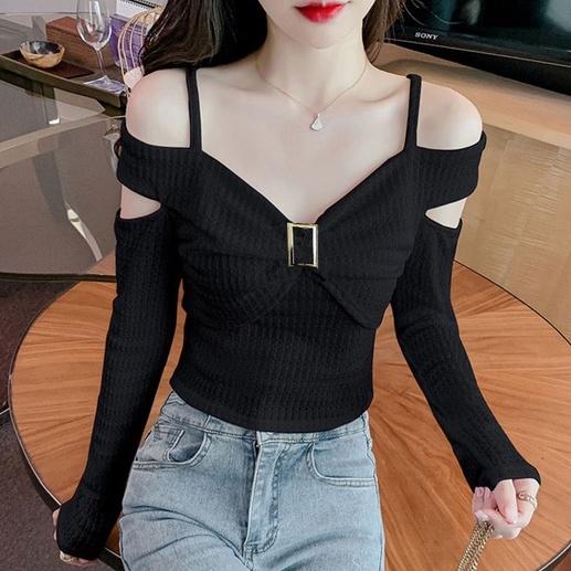 Áo croptop tay dài HAGA áo trễ vai nơ ngực sang trọng ATVN70