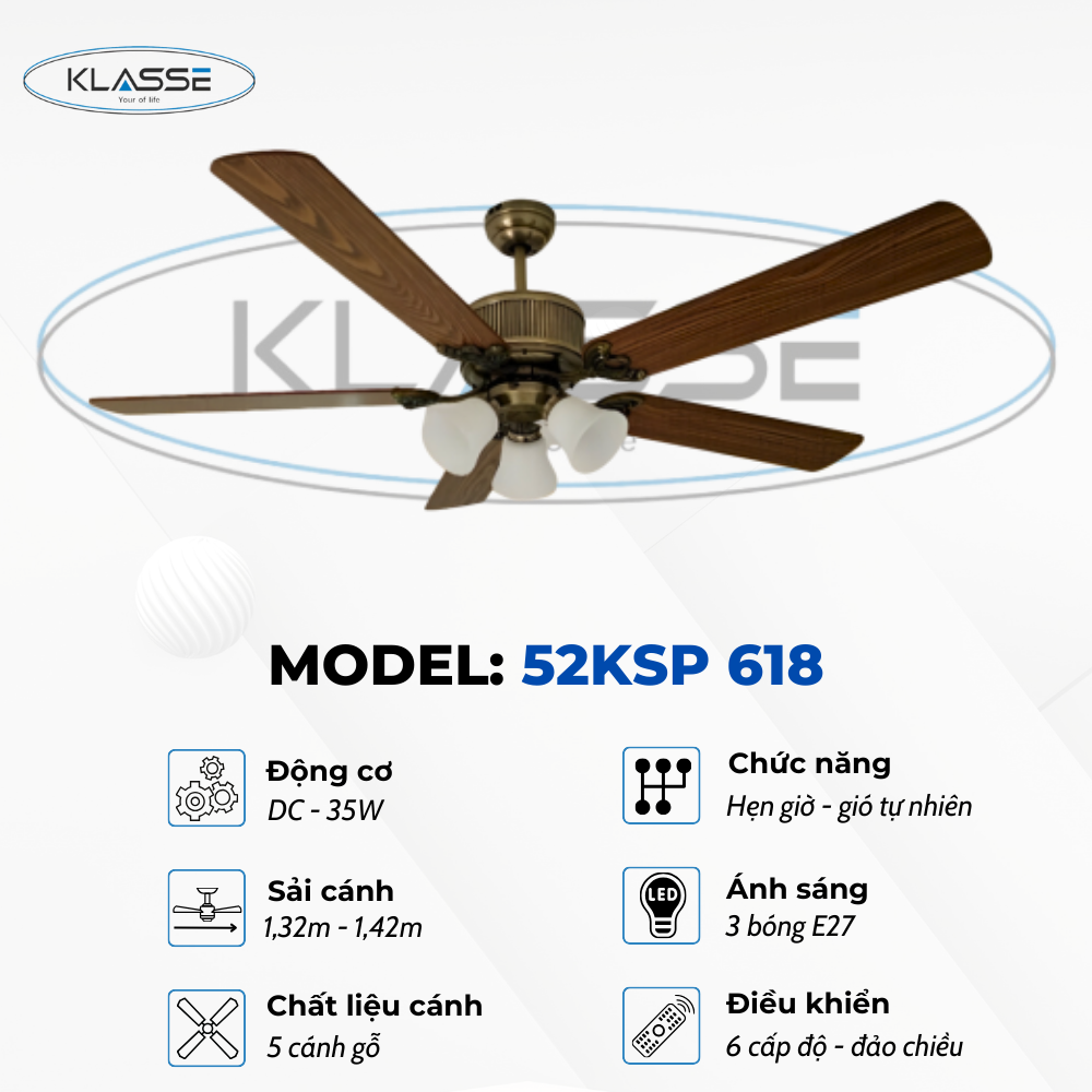 Quạt trần chùm đèn Klasse 52KSP 618 Hàng chính hãng