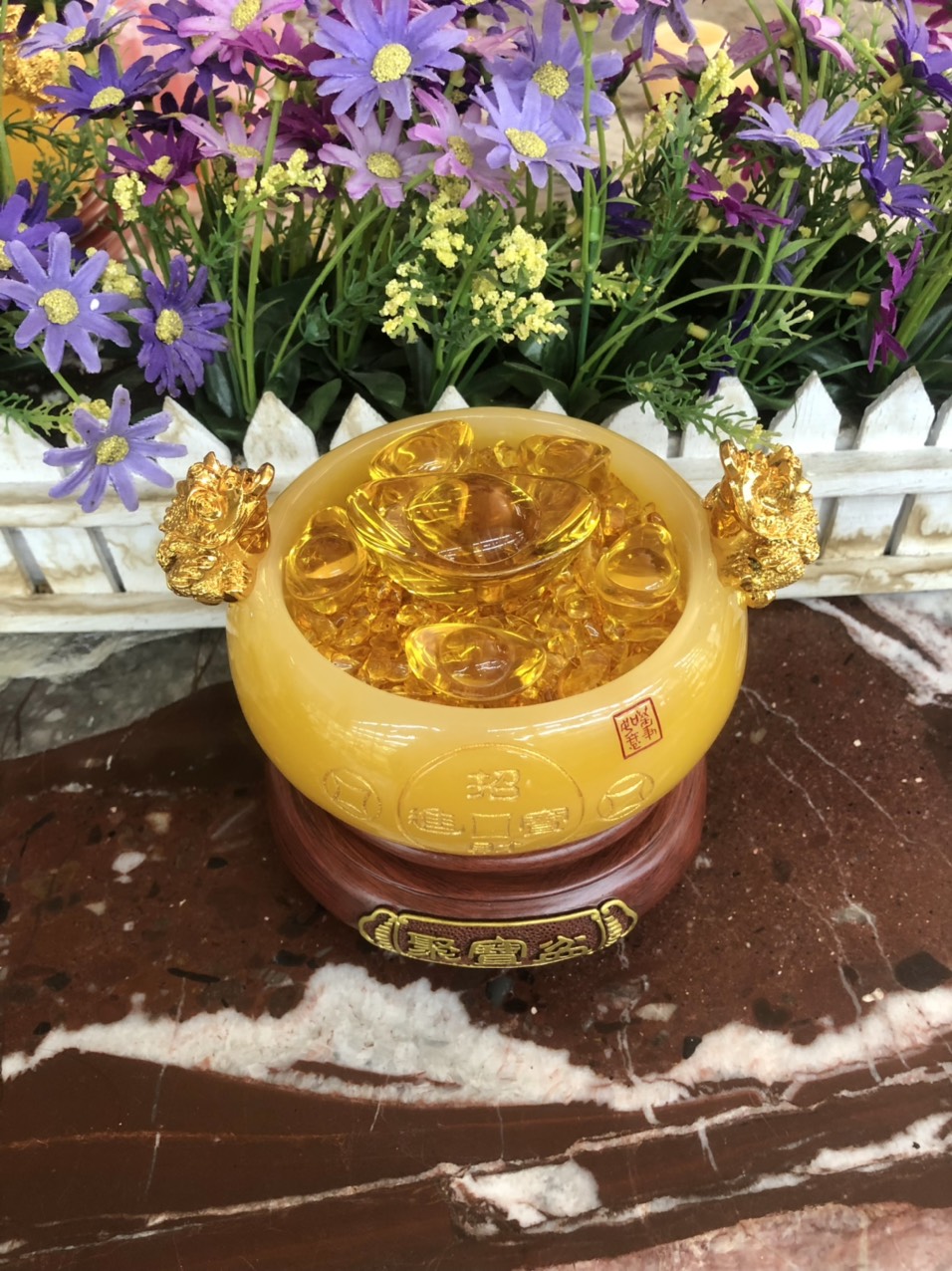 Bát vàng, Bát Tụ Tài, Bát Tụ Bảo đá ngọc cẩm thạch vàng Hút Tài, Hút Lộc, Chiêu tài nạp lộc trang trí bàn thờ ông thần tài thổ địa - Cao 15cm