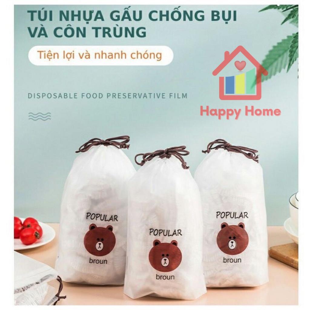 Màng bọc thực phẩm có chun co giãn tái sử dụng kèm túi gấu dễ thương gói 100 chiếc Happy Home