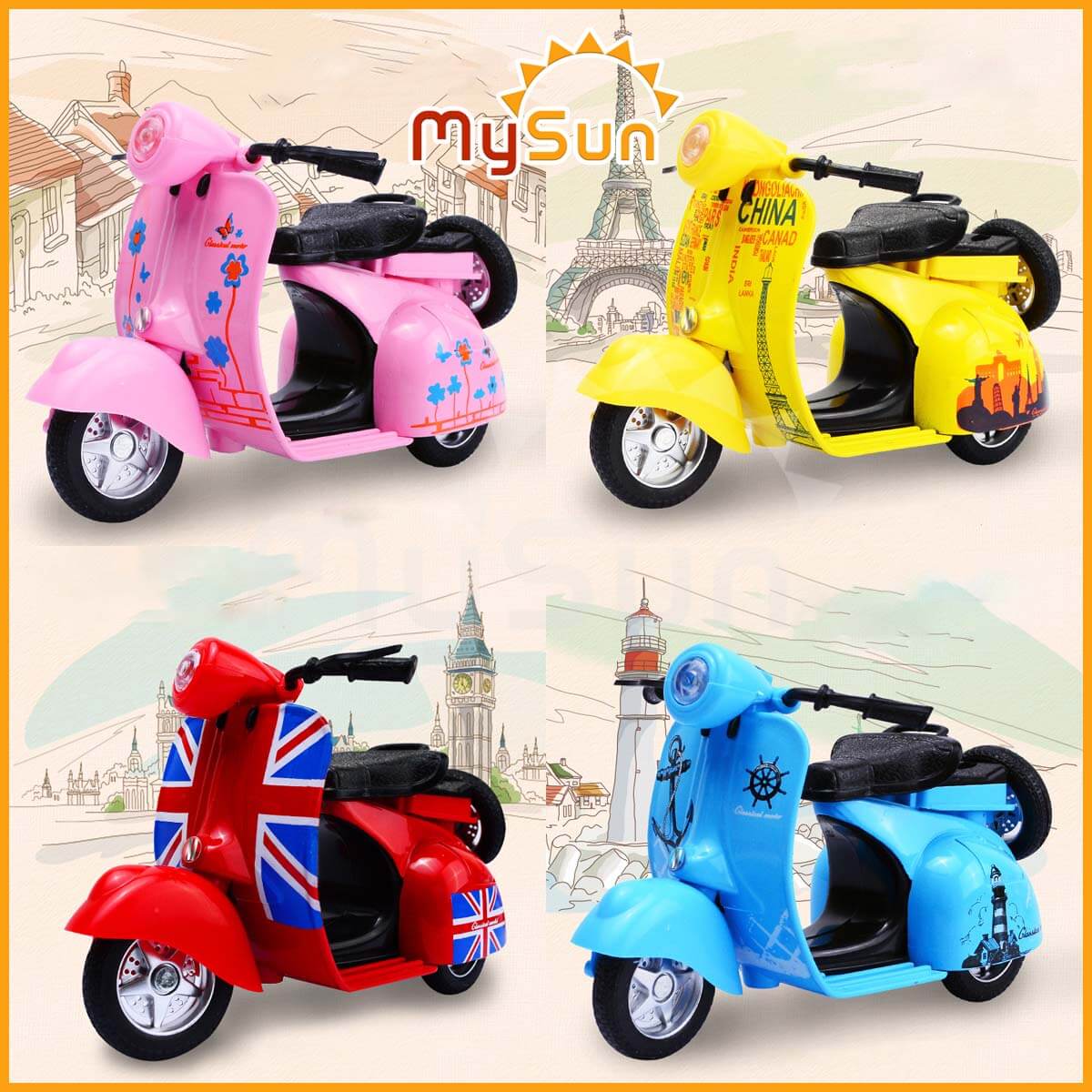 Mô hình xe máy Vespa Sprint cổ đồ chơi độ mini 1:12 cho bé