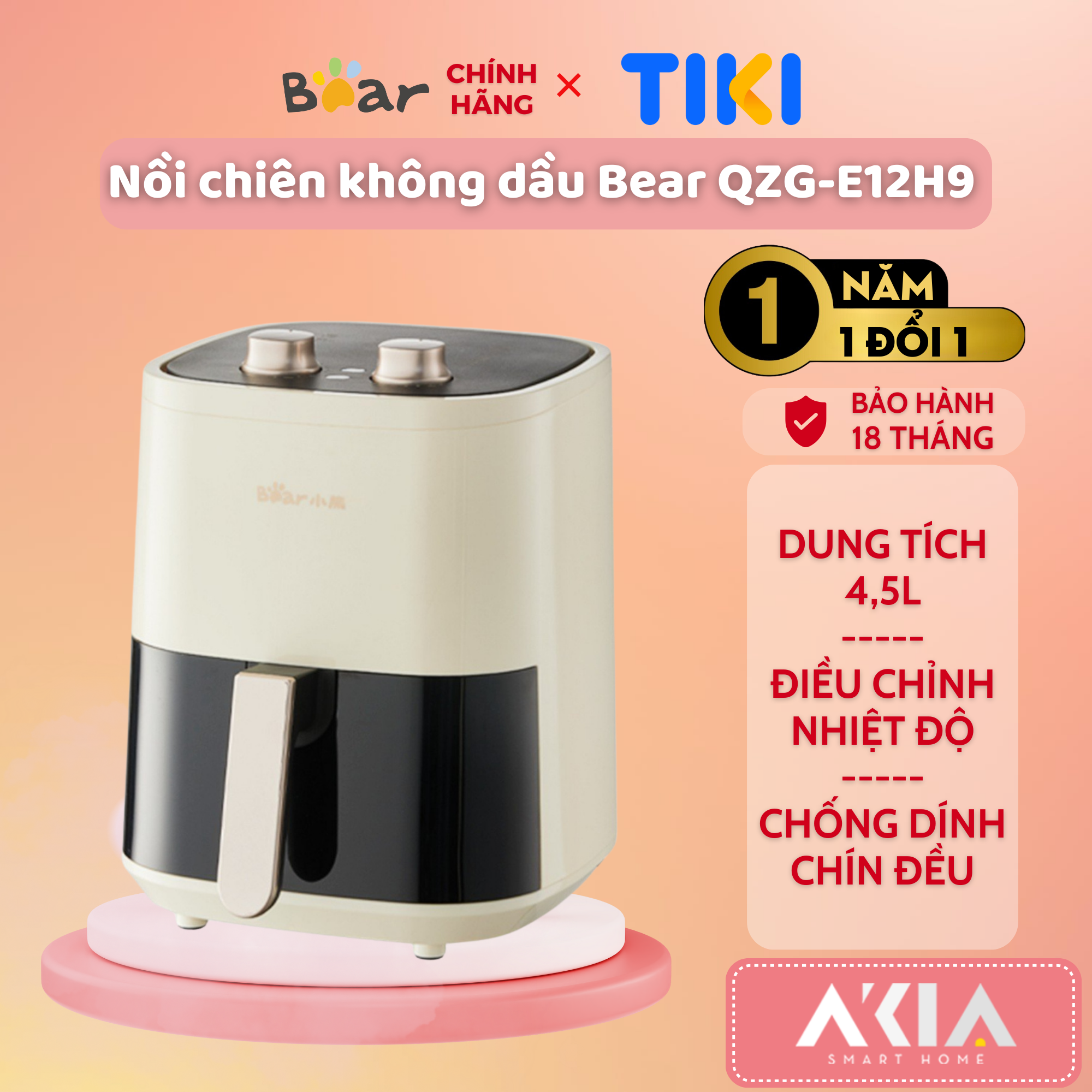 Nồi chiên không dầu Bear QZG-E12H9 - Dung tích 4,5L , Điều chỉnh nhiệt độ, Hẹn giờ, Công suất 1500W - Hàng chính hãng, Bản quốc tế