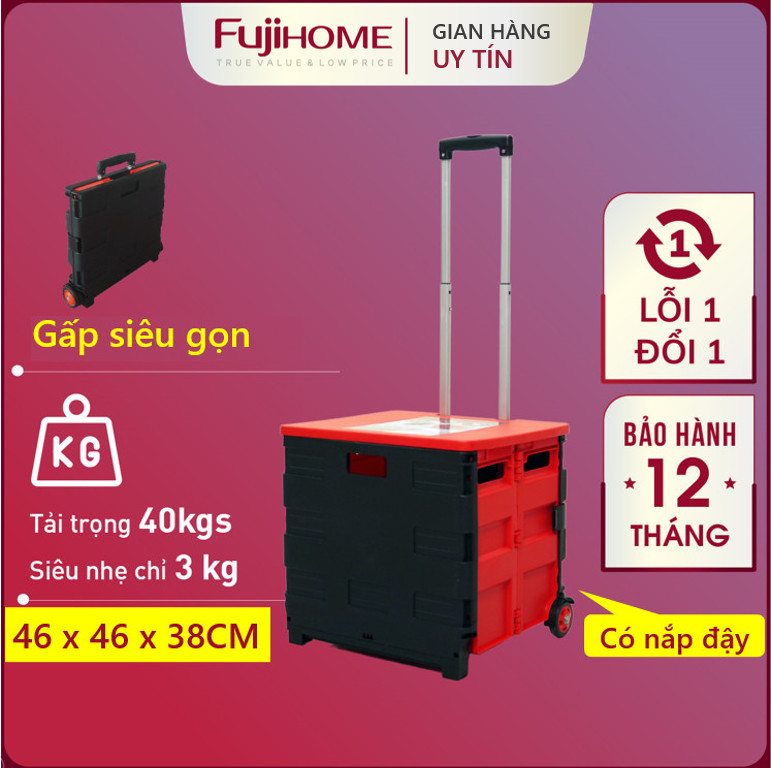 Xe Đẩy Hàng Gấp Gọn 2 Bánh Nhật Bản Fujihome 40Kg, Xe Kéo Hàng Đi Chợ Gấp Gọn Mini Dạng Hình Hộp Vali Siêu Thị Kiêm Thùng Đựng Đồ Đa Năng Dùng Cho Ô Tô Picnic Du Lịch Market Trolley