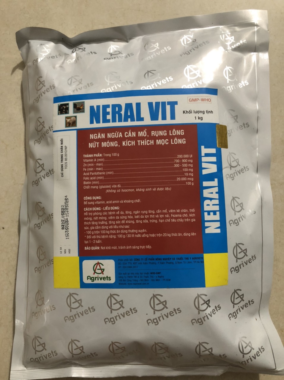 Thuốc thú y, Neral vit/ siêu mọc lông (1kg-Agrivets) dùng cho chó, mèo, gia súc, gia cầm