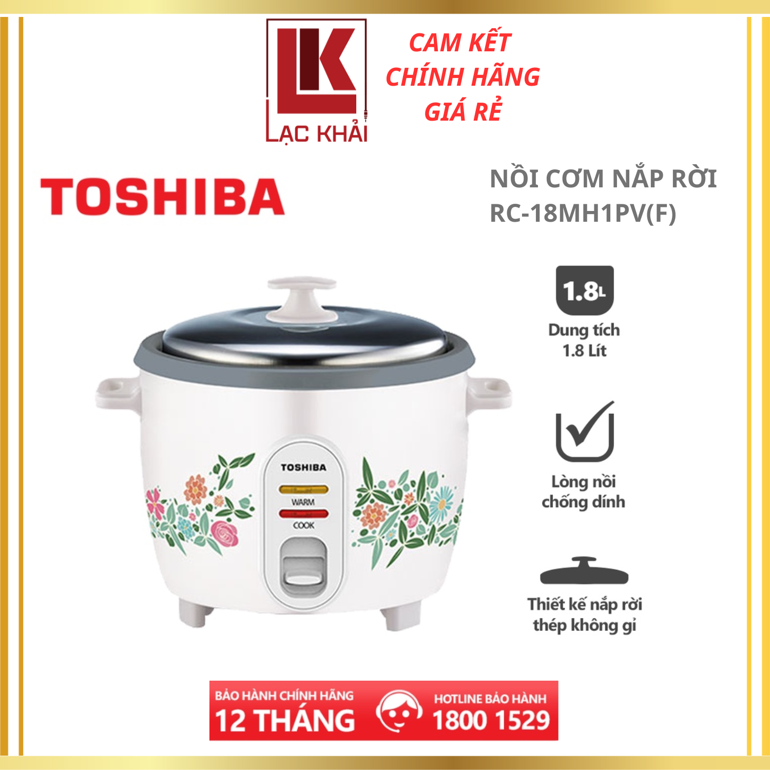 Nồi cơm nắp rời Toshiba RC-18MH1PV 1.8 lít - Lòng nồi hợp kim nhôm chống dính - Hàng chính hãng, Bảo hành 12 tháng