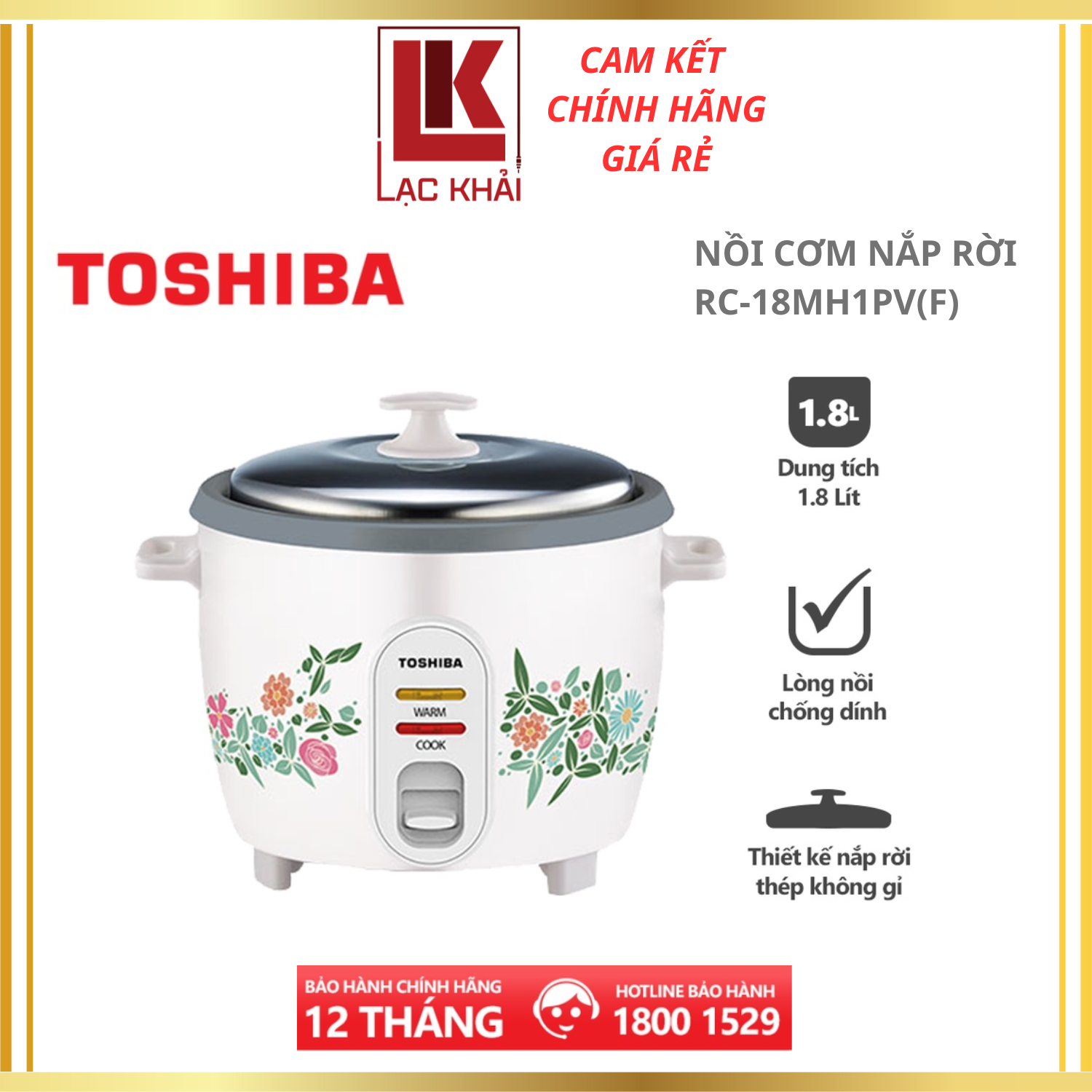 Nồi cơm nắp rời Toshiba RC-18MH1PV(F) 1.8 lít - Lòng nồi hợp kim nhôm chống dính - Hàng chính hãng, Bảo hành 12 tháng