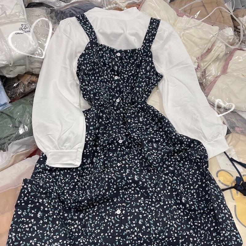 Sét Áo Tay Dài Mix Yếm Hoa Dày Dặn Yếm Dáng Dài Kiểu Vintage Siêu Xinhh