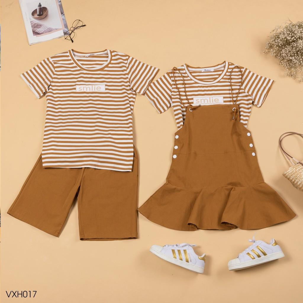 Áo cặp nam nữ ️FREESHIP️ set đồ đôi kẻ sọc kèm yếm và quần short kaki AT30