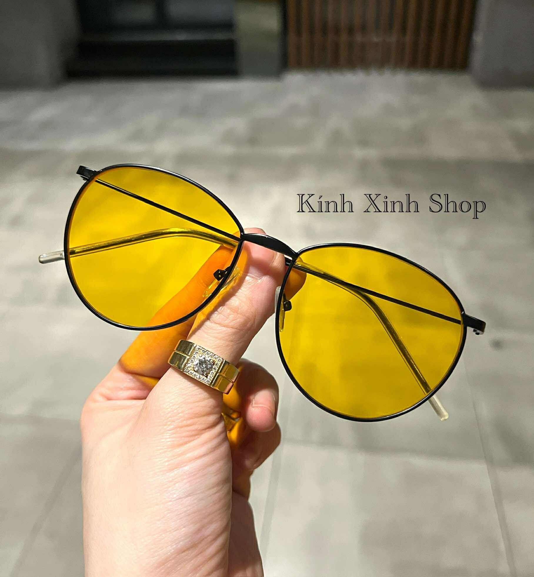 Kính râm unisex nam nữ Mắt tròn vàng sành điệu