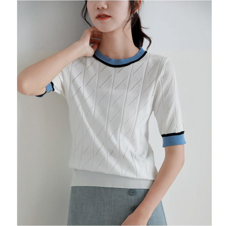 Áo len dệt kim phối bo xanh trắng và đen AN02