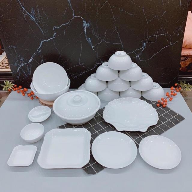 Bộ bát đĩa men trắng. Gốm B