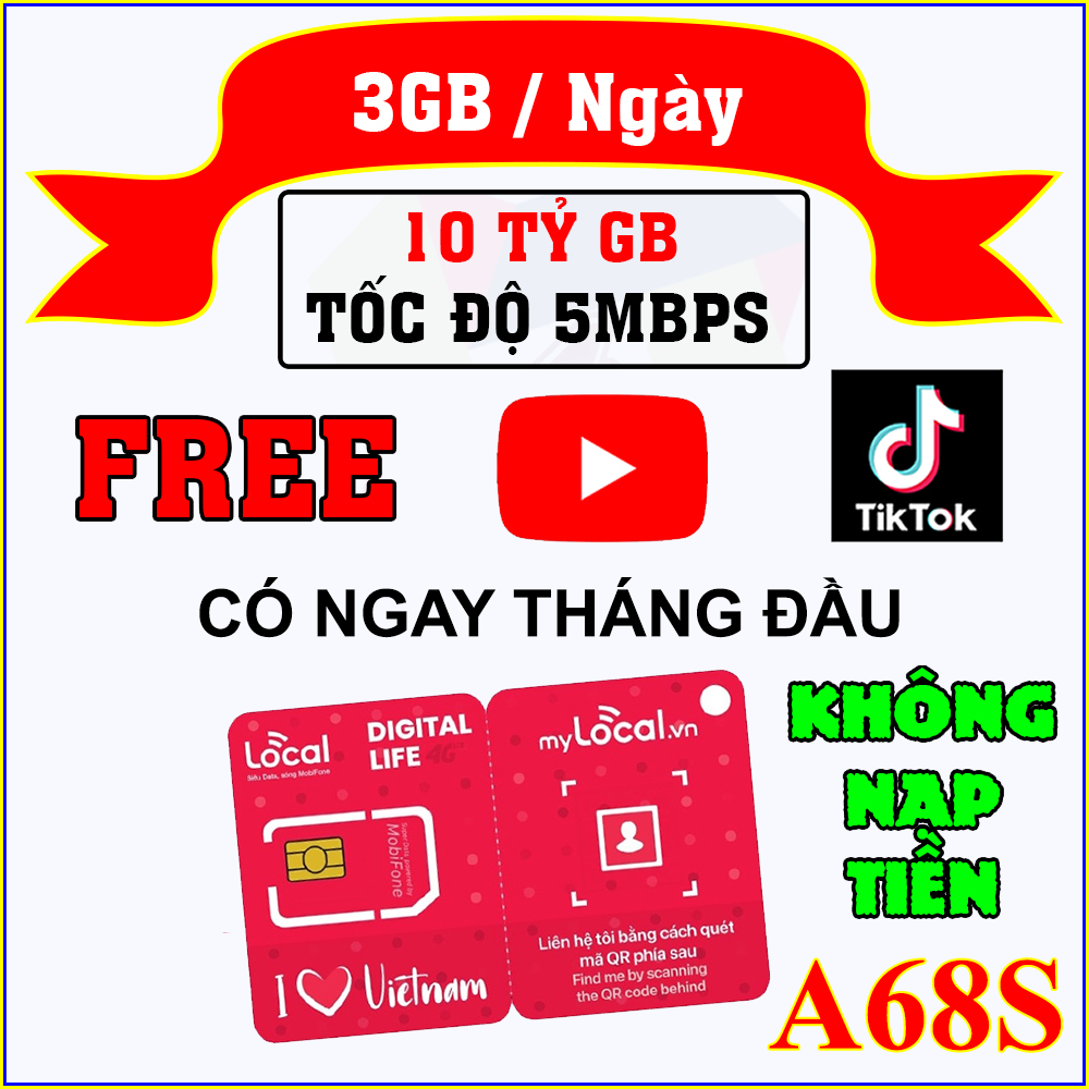 Sim Mobifone Local A50 A89 - Tỷ GB Dùng 4G KHÔNG GIỚI HẠN, Gọi FREE. Miễn Phí tháng đầu - HÀNG CHÍNH HÃNG