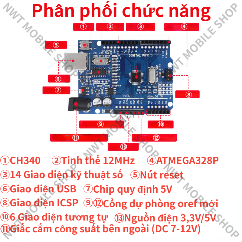 Mạch Arduino Uno R3 ATmega 328P CH340 (SMD - Chip Dán) - Có Tặng Kèm Cáp mạch Mạch Arduino Uno R3