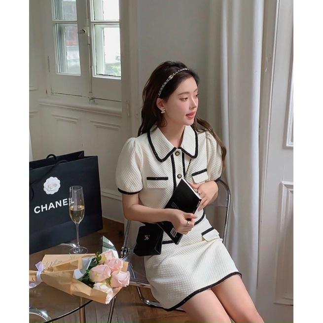 SET ÁO DẠ XỐP CỔ SEN VIỀN ĐEN + CHÂN VÁY TRẮNG