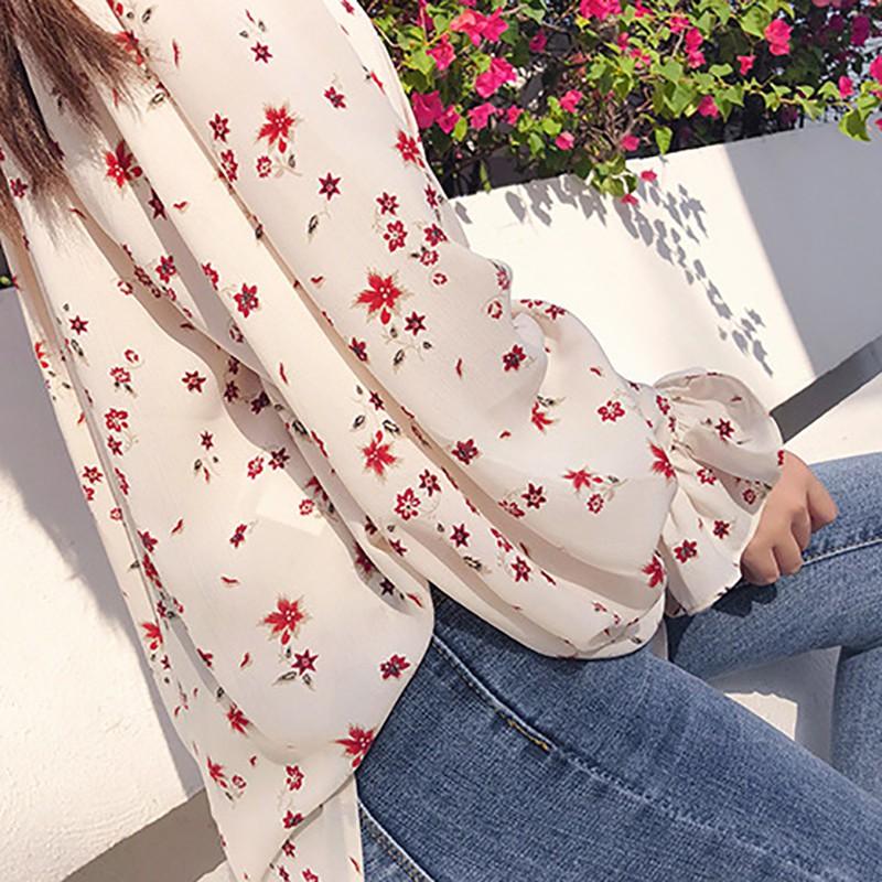 Áo chiffon nữ tay dài phối bèo in hoa phong cách vintage