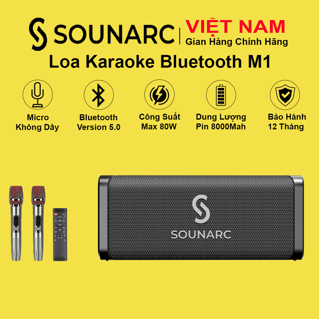 Loa Karaoke Bluetooth 5.0 Sounarc M1 + 2 Micro Không dây | Âm thanh nổi 80W mạnh mẽ | Pin 8000mAh tích hợp, Chống Nước IPX6 Hỗ Trợ Thẻ TF, Micro, AUX - Hàng chính hãng