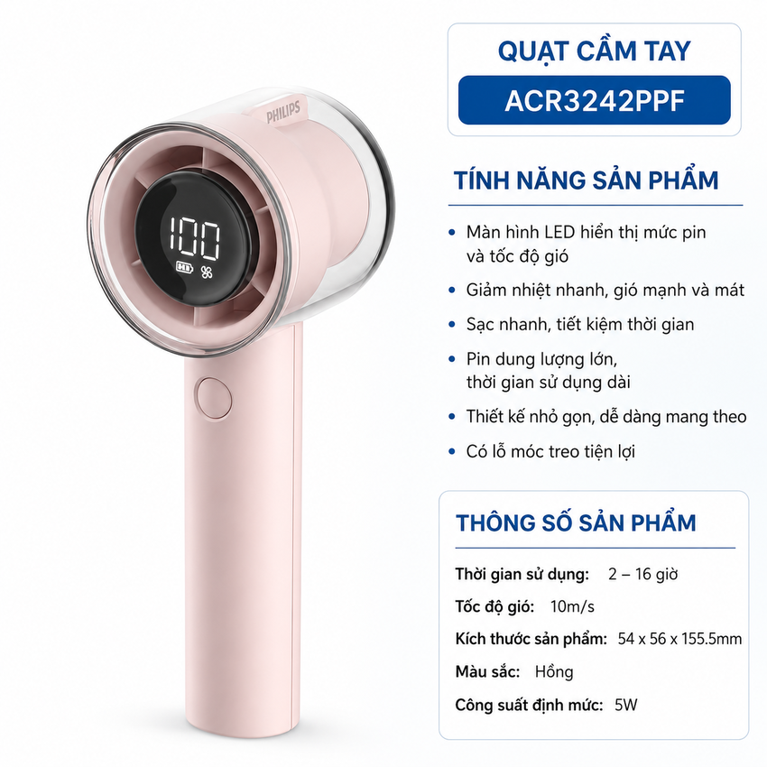 Quạt mini cầm tay USB thương hiệu Hà Lan cao cấp Philips ACR3242PPF serial 3000, 100 cấp độ gió, pin 3000mAH - Hàng nhập khẩu