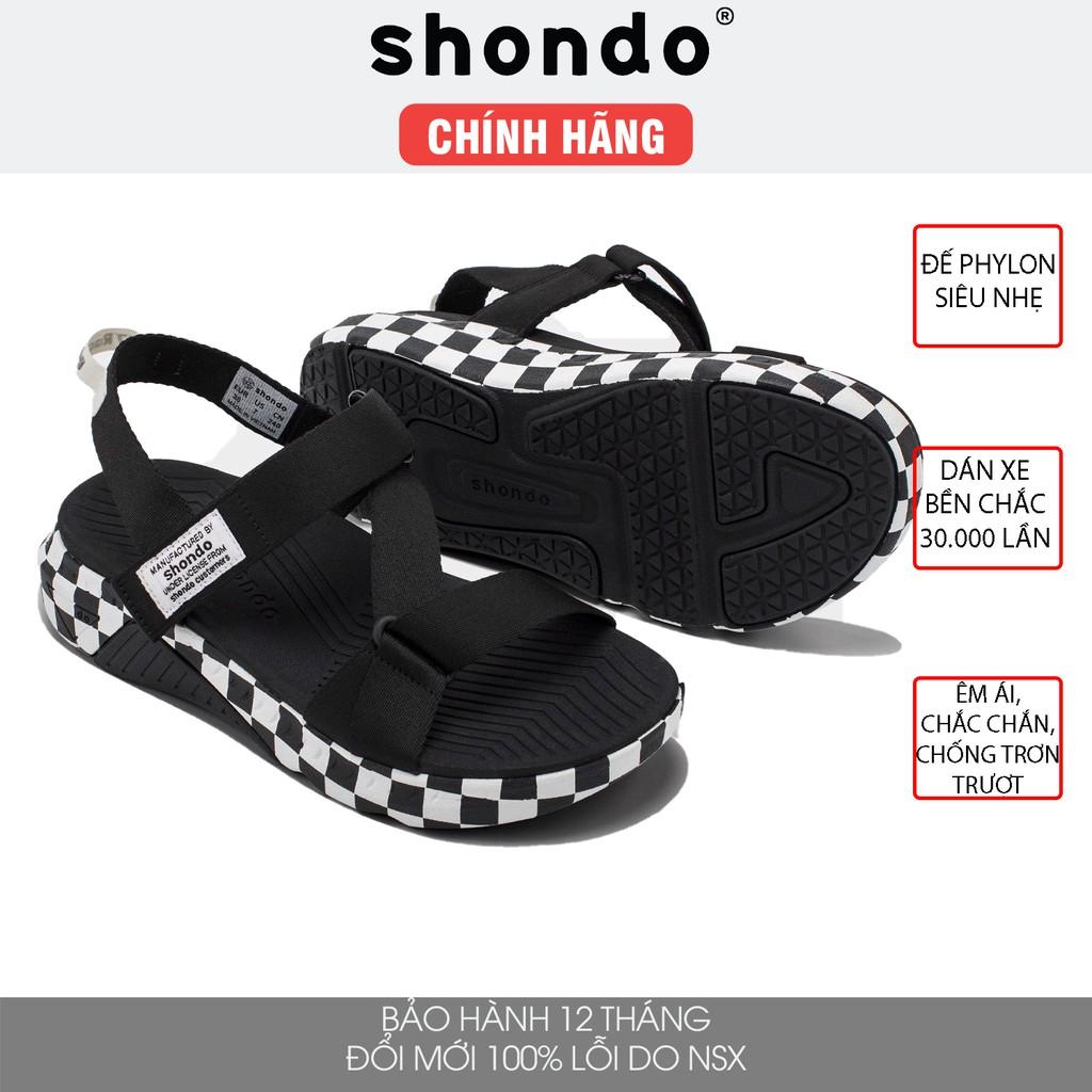 Giày sandal Shondo F7 nam nữ đi học đế cao caro đen F7C1010