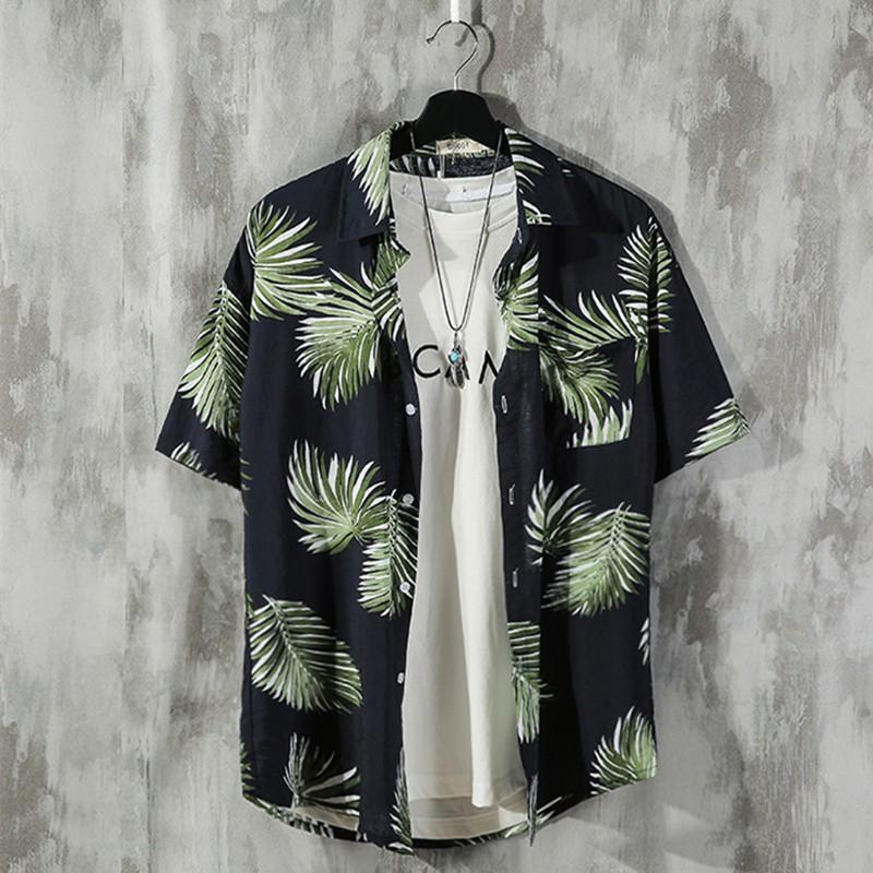 Áo Sơ Mi Nam Ngắn Tay In Họa Tiết Lá Cây Phong Cách Hawaii