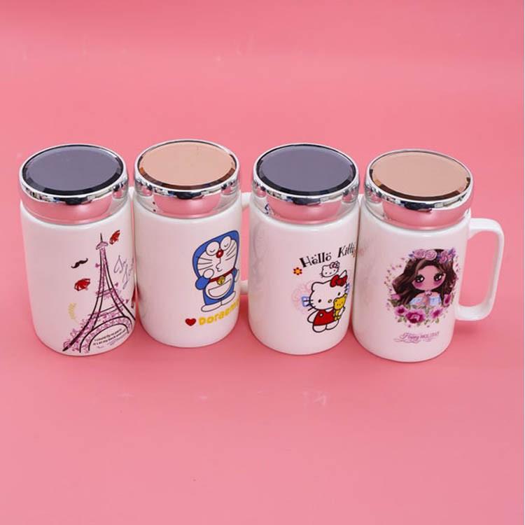 Cốc Sứ giữ nhiệt 400ml nắp gương soi được ảnh chuyên ủ cháo cho bé CÓ TAY CẦM